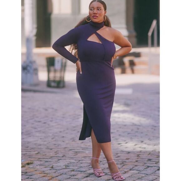 Eloquii Asymmetric Fitted Midi Sweater Dress in purple, size 18/20‎ - Picture 2 of 16